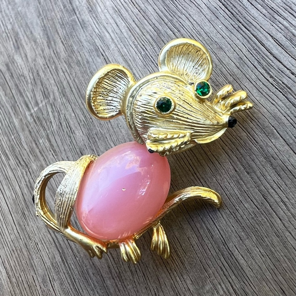 Vintage Mouse Brooch Jelly Belly & Green Rhinestone Eyes Gold and Pink Pin